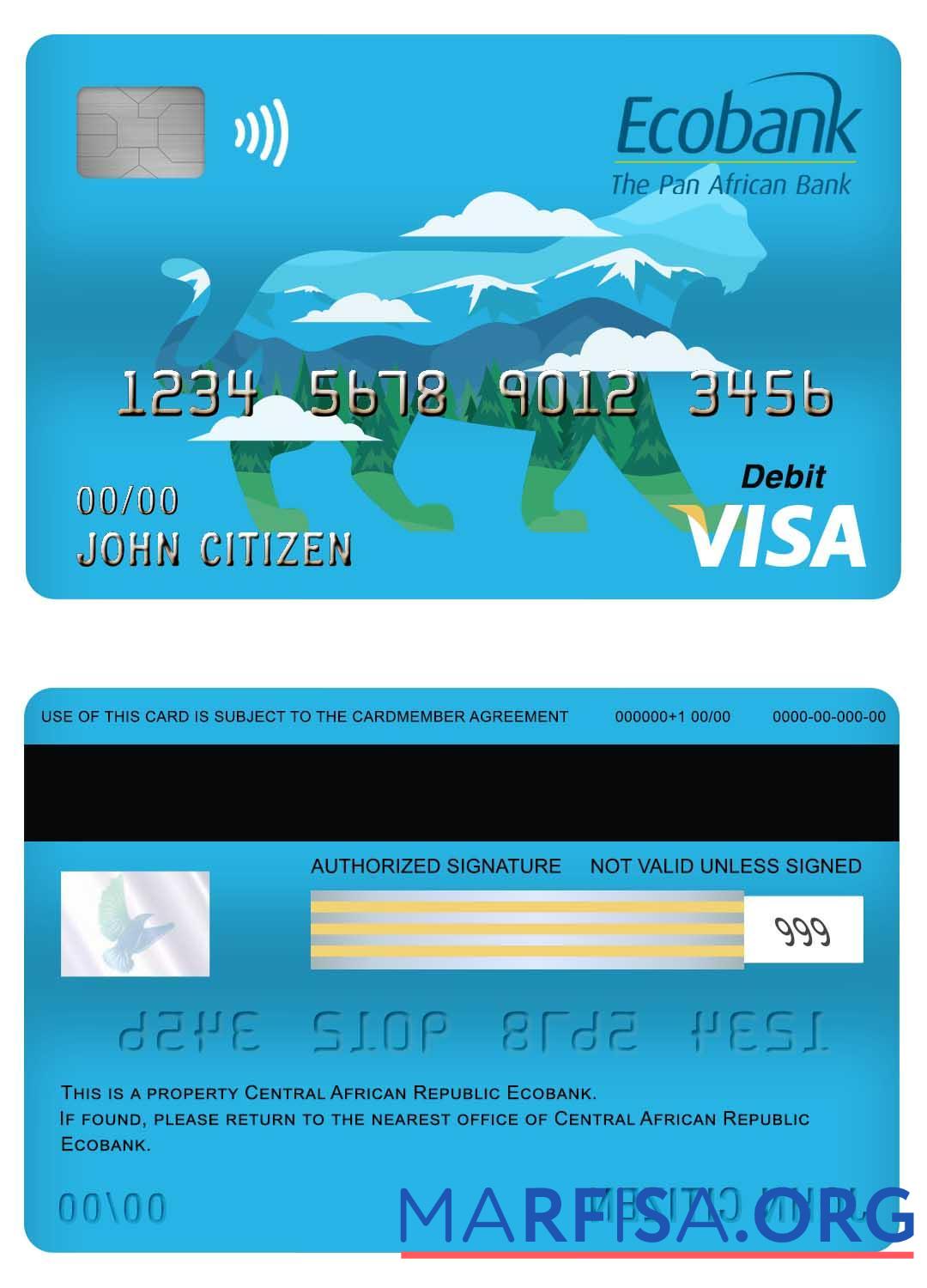 Printable Central African Republic Ecobank visa debit card template